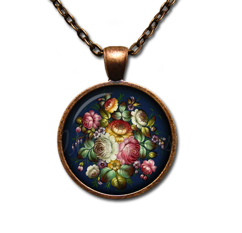 Zhostovo painting Flower in Navy Blue