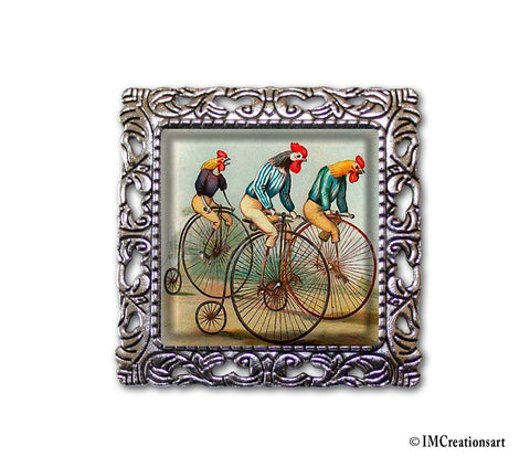 Vintage Art Style Cyclist Roosters