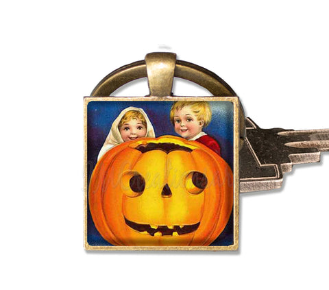 Retro Halloween Children and Pumpkin