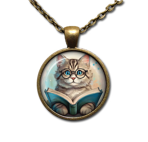 Tabby Cat with Book and Glasses