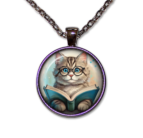 Tabby Cat with Book and Glasses