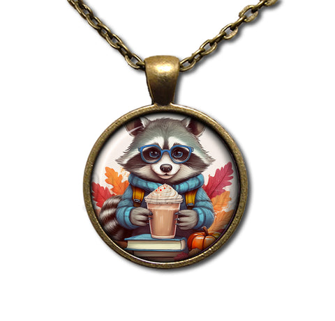 Autumn Raccoon with Pumpkin Latte and Books