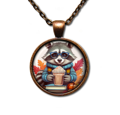 Autumn Raccoon with Pumpkin Latte and Books