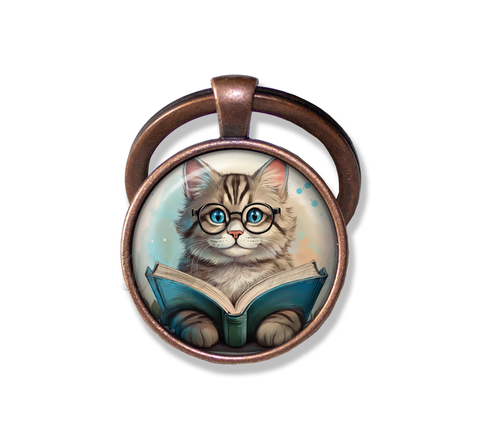 Tabby Cat with Book and Glasses