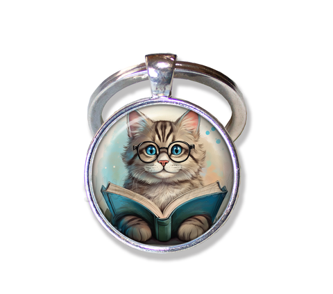 Tabby Cat with Book and Glasses