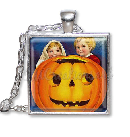 Retro Halloween Children and Pumpkin